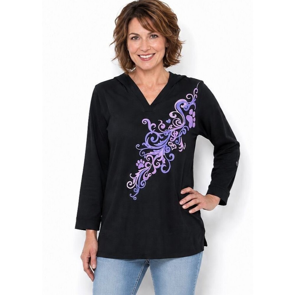The Animal Rescue Site Large Black Purple Animal Paw Hooded Knit Comfy Top